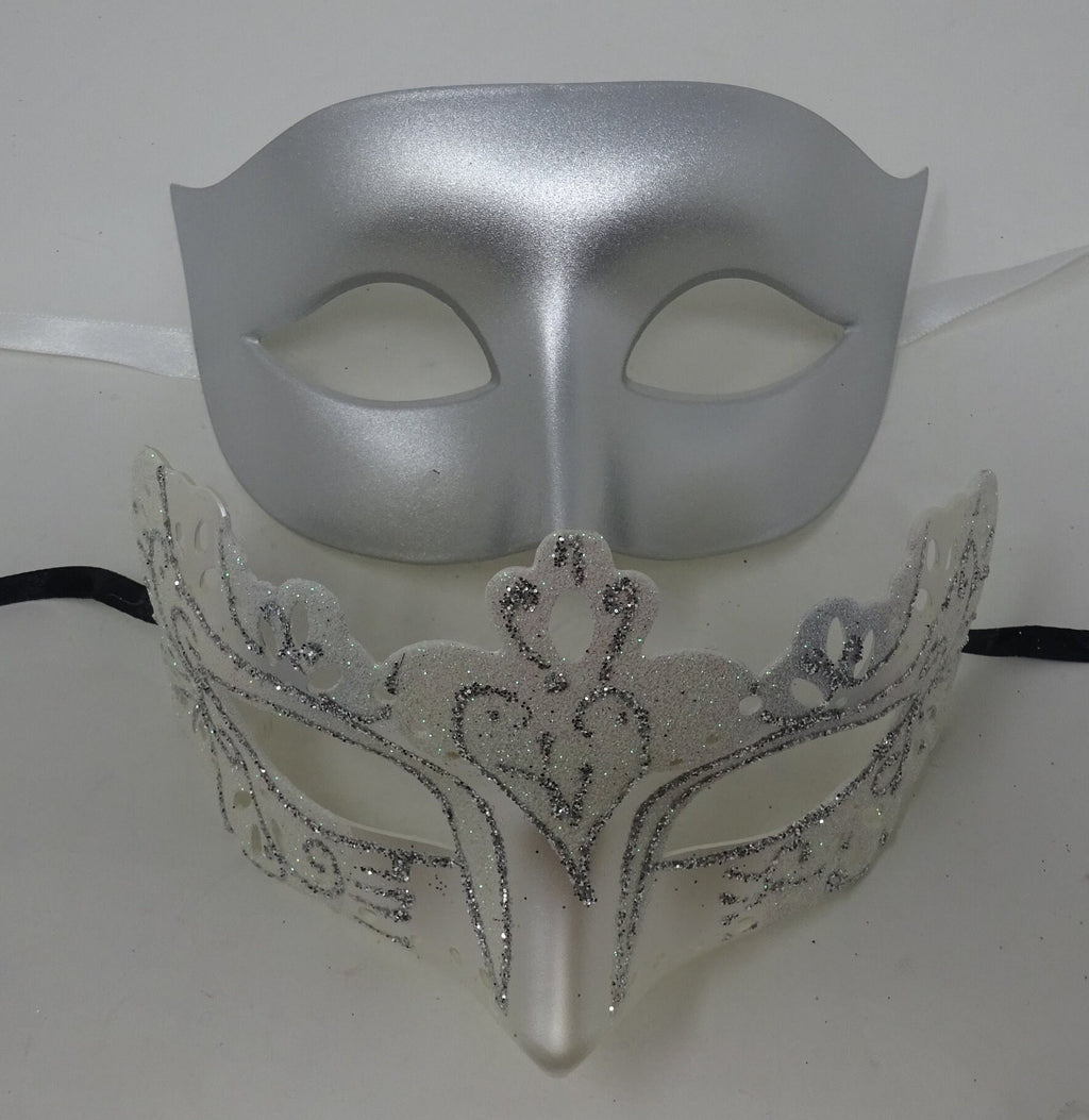 Silver and White Pair of Venetian Masquerade Party Ball Masks for Couples