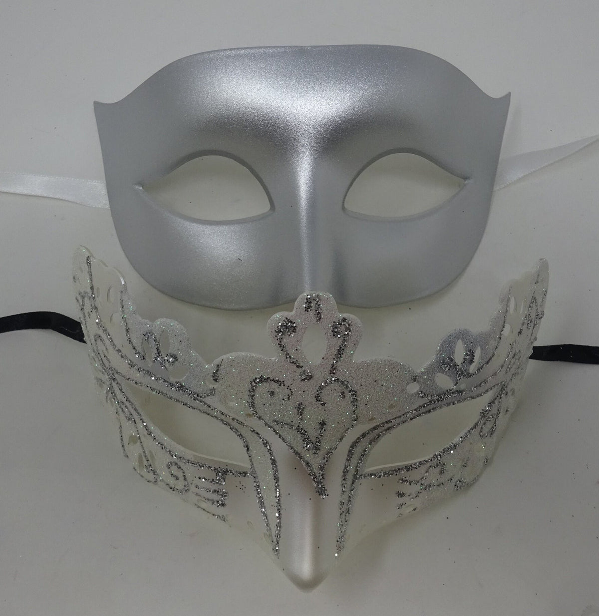 Silver and White Pair of Venetian Masquerade Party Ball Masks for Couples