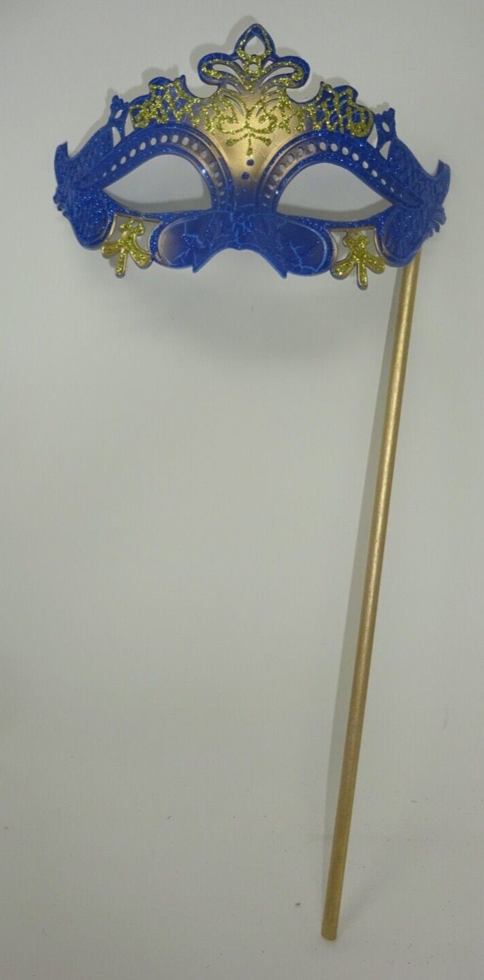 Blue and Gold Rialto Masquerade Ball Party Carnival Eye Mask Hand Held on a Stick