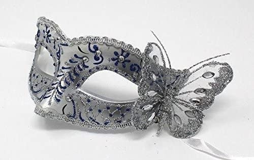 Ladies Blue and Silver Masquerade Ball Carnival Party Eye Mask with Butterfly