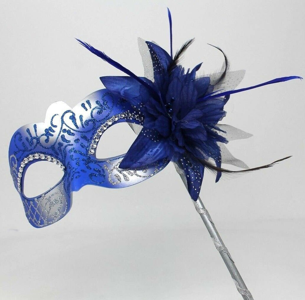 Blue and Silver Diamonte Mask on Stick with Flower