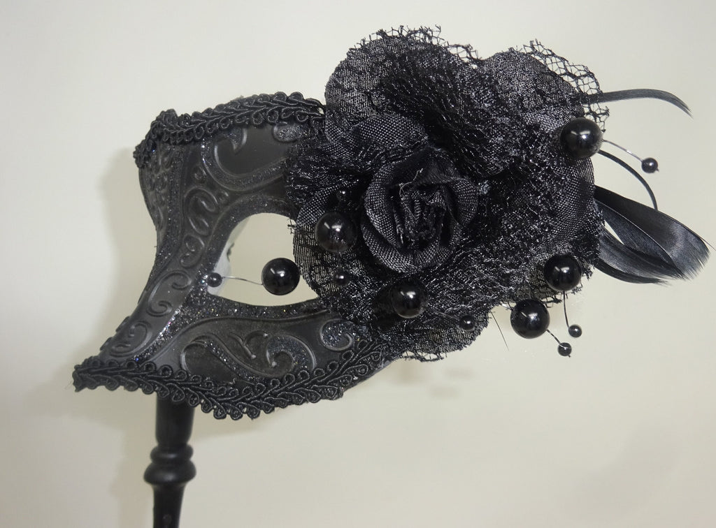 Black Masquerade Mask with Flower for Masked Ball Carnival Party Halloween Hand Held on an Elaborate Stick