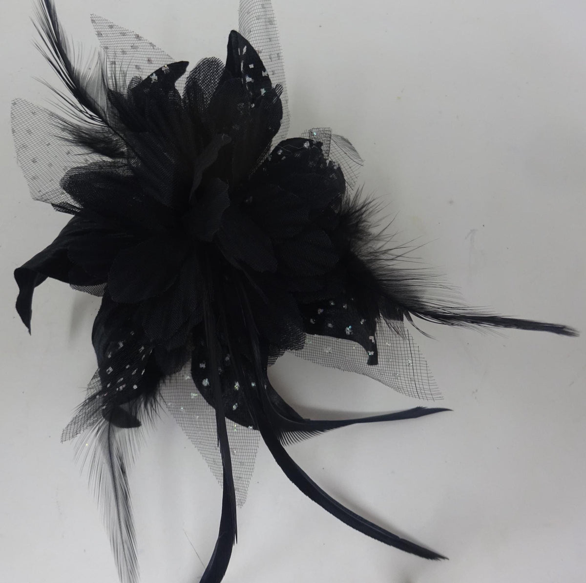 Black Flower Wrist Corsage on Beaded Bracelet with Fabric Flower with Feathers and Spotted Organza
