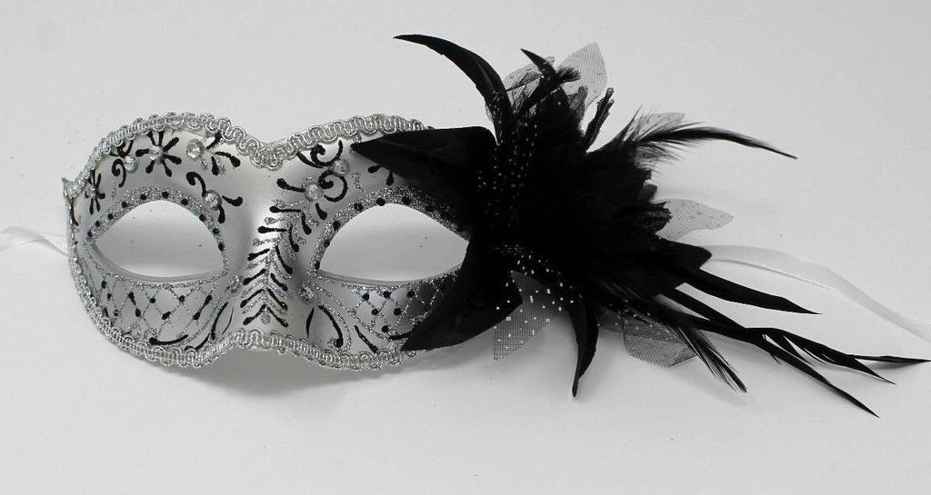 White & Black Sparkling Masquerade Mask with Flower