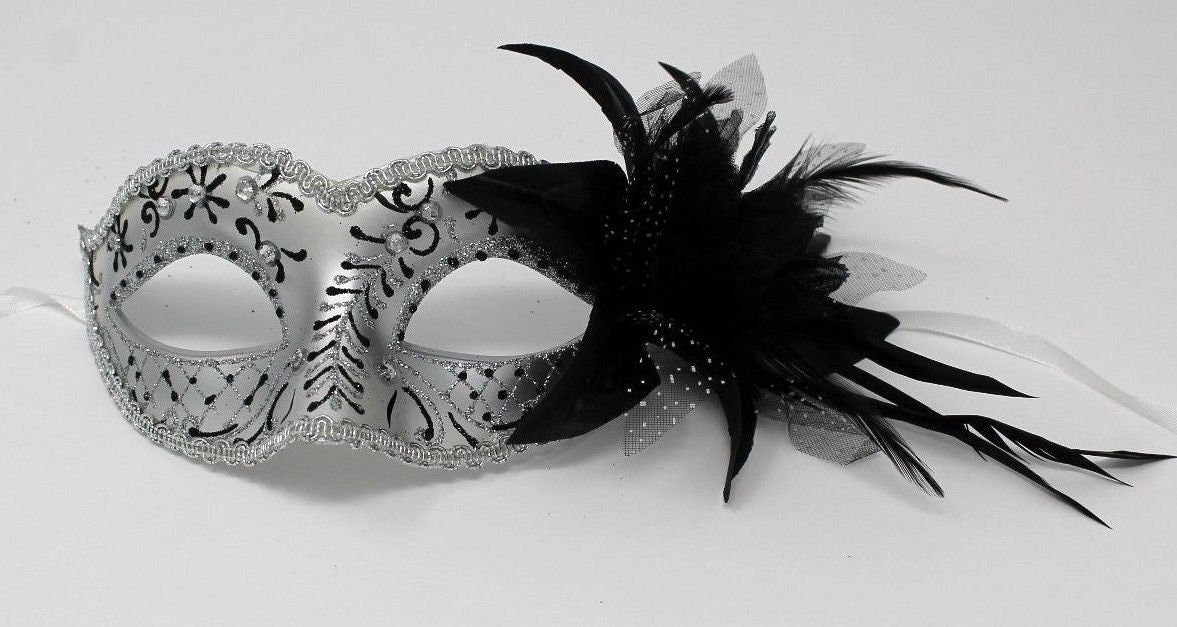 White & Black Sparkling Masquerade Mask with Flower