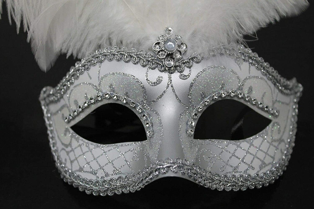 Ladies Stunning White and Silver Feather Masquerade Mask