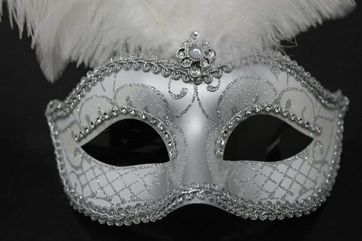 Ladies Stunning White and Silver Feather Masquerade Mask