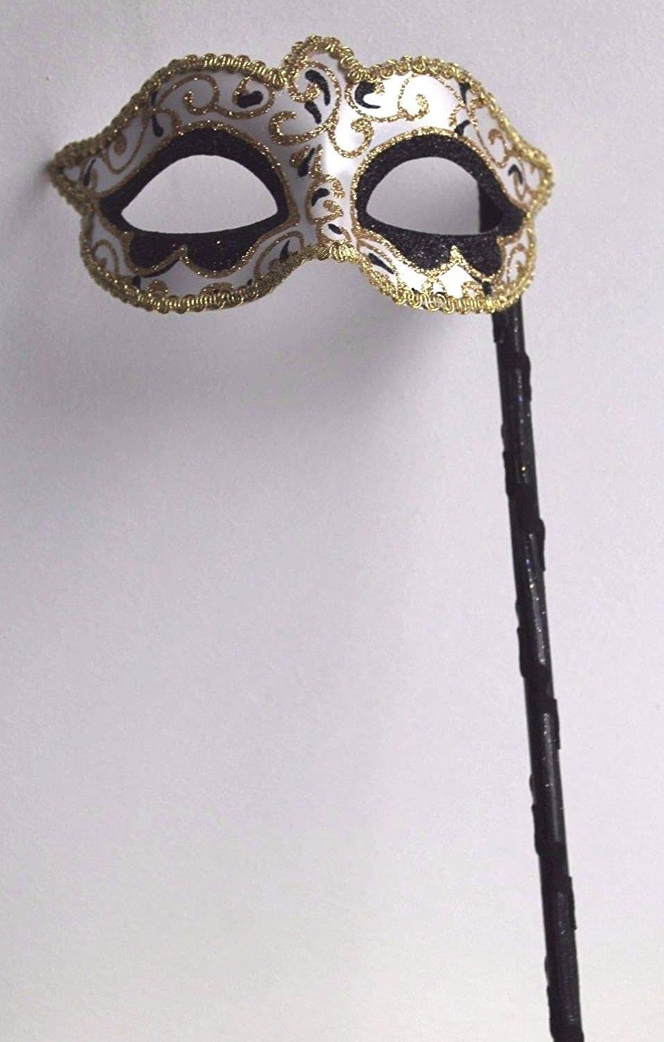 Hand Held Glittering Black White and Gold Masquerade Ball Party Prom Carnival Mask on a Black Stick