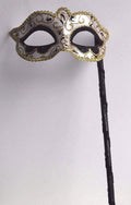 Hand Held Glittering Black White and Gold Masquerade Ball Party Prom Carnival Mask on a Black Stick