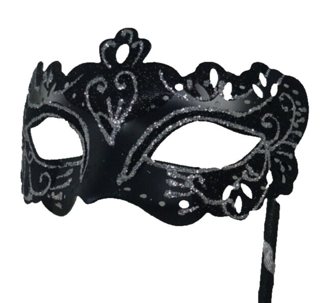 Black and Silver Rialto Masquerade Mask for Masked Ball Carnival Party Halloween Hand Held on a Wooden Stick