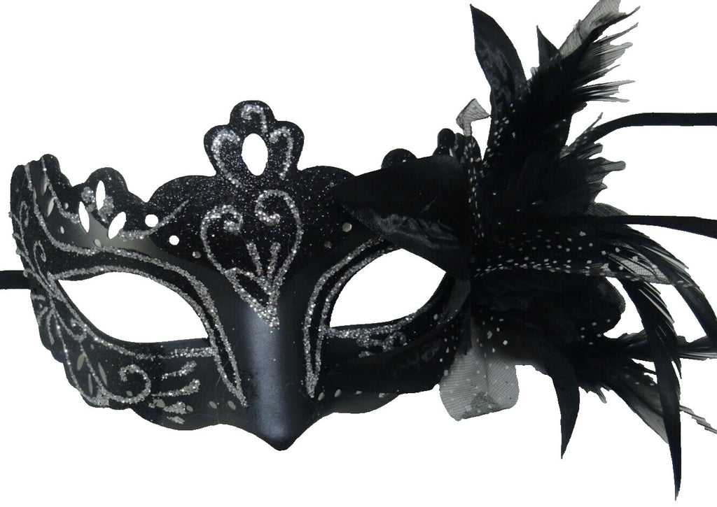 Black and Silver Rialto Masquerade Mask with Flower for Masked Ball Carnival Party Halloween