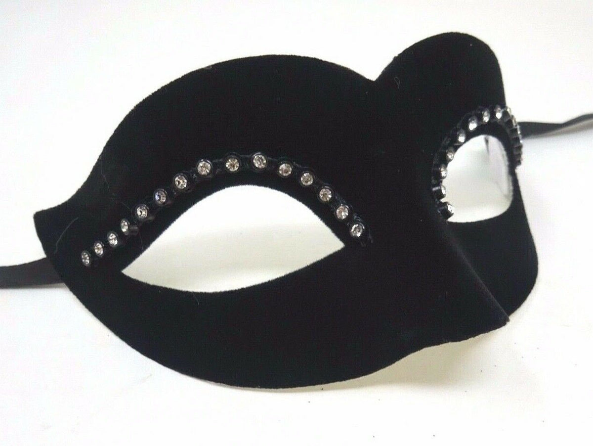 Small Ladies Delicate Velour Diamonte Black Masquerade Ball Carnival Mask