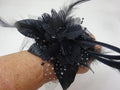 Black Flower Wrist Corsage on Beaded Bracelet with Fabric Flower with Feathers Black Beads and Spotted Organza