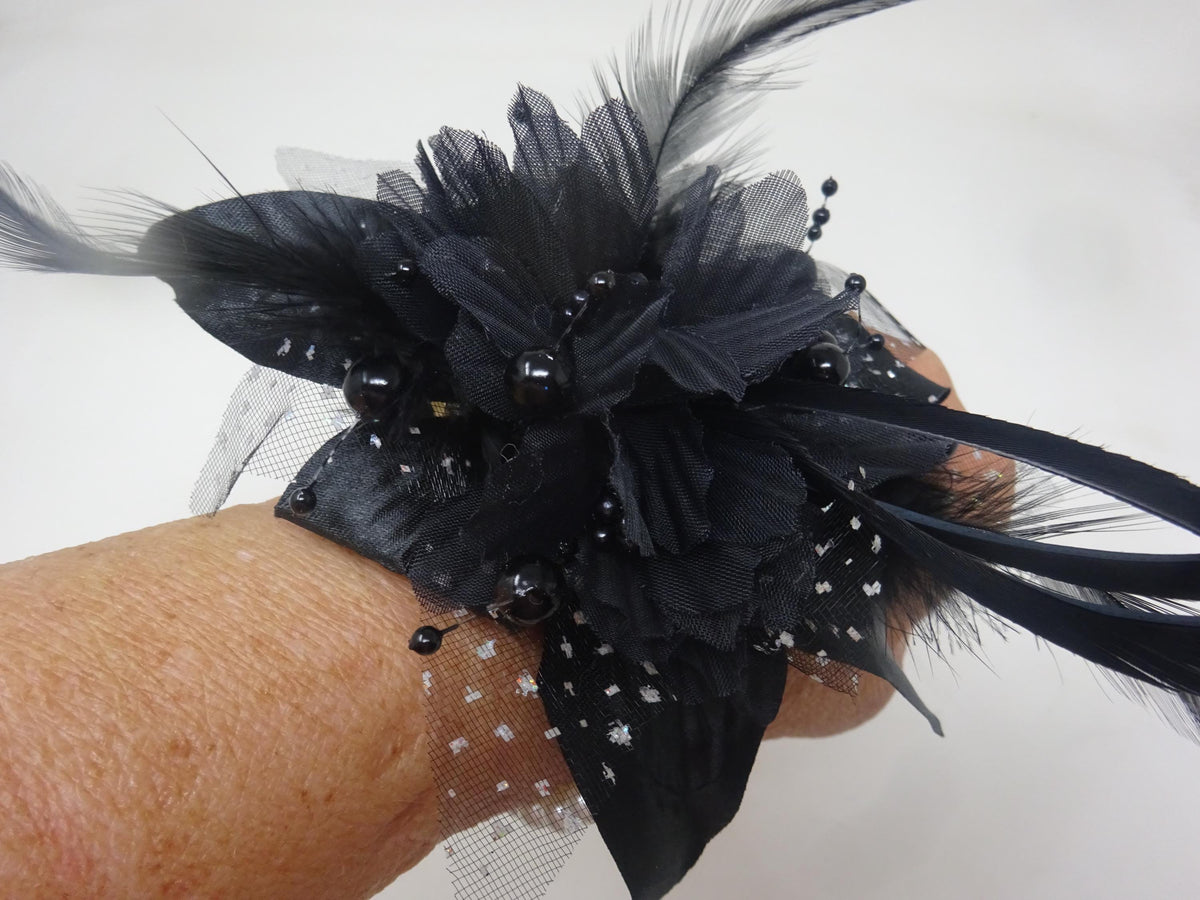 Black Flower Wrist Corsage on Beaded Bracelet with Fabric Flower with Feathers Black Beads and Spotted Organza