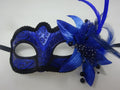 Sparkling Blue and Black Masquerade Ball Party Eye Mask with Flower and Feathers
