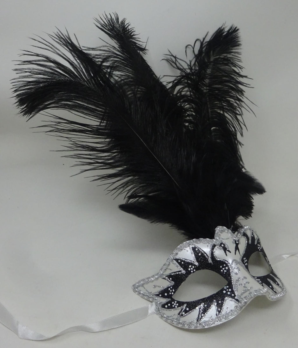 Black & Silver Long Black Feather Venetian Masquerade Prom Ball Eye Swan Lake Mask