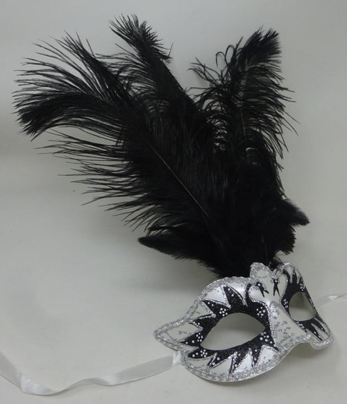 Black & Silver Long Black Feather Venetian Masquerade Prom Ball Eye Swan Lake Mask