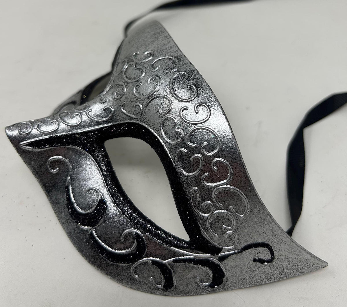 Mens or Ladies Silver, Black and Antique Blue Flick Masquerade Mask