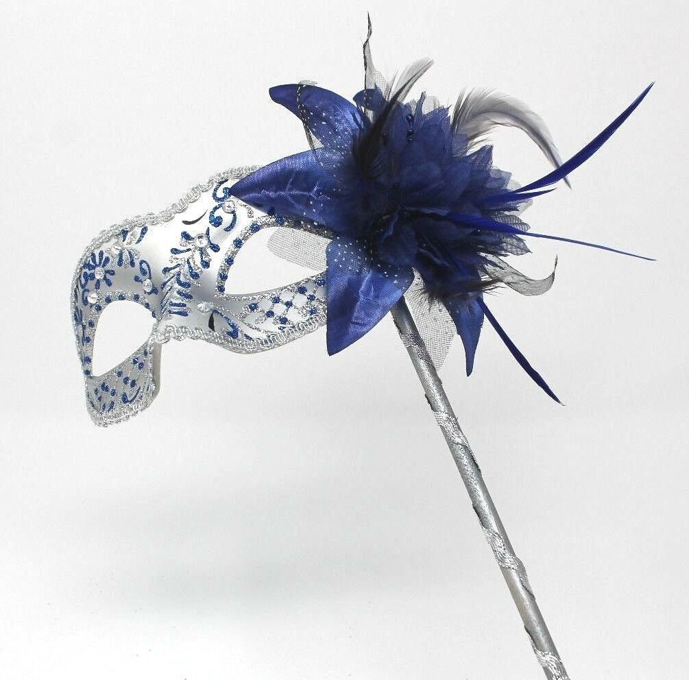 Blue and Silver Jewelled Party Masquerade Wedding Bridal ball Eye Mask on Stick with Flower