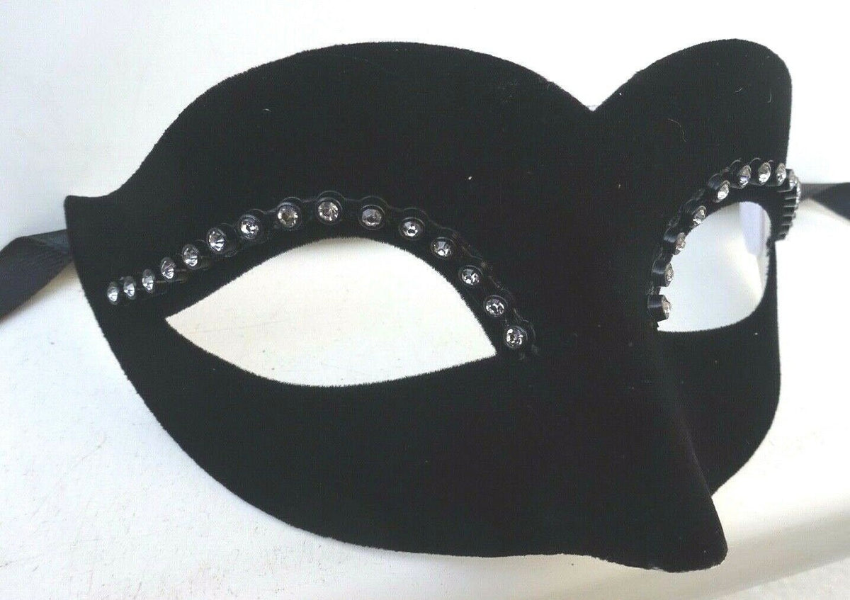 Small Ladies Delicate Velour Diamonte Black Masquerade Ball Carnival Mask