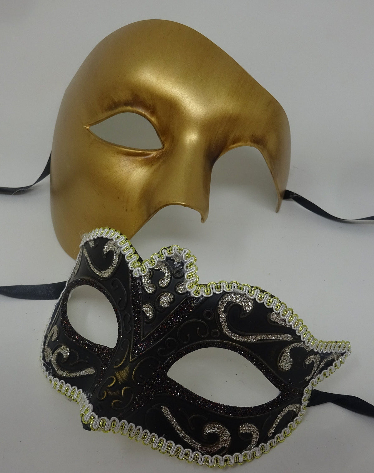 His and Hers Black Silver and Gold Mask and a Gold Phantom Mask Pair of Male and Female Couples Masquerade Masks