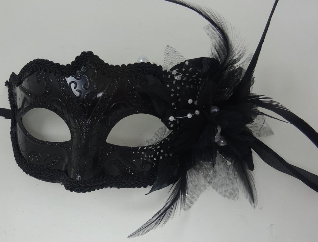 Ladies Gloss Black Masquerade Mask with Flower Feather Beads and Organza Detail