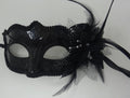 Ladies Gloss Black Masquerade Mask with Flower Feather Beads and Organza Detail