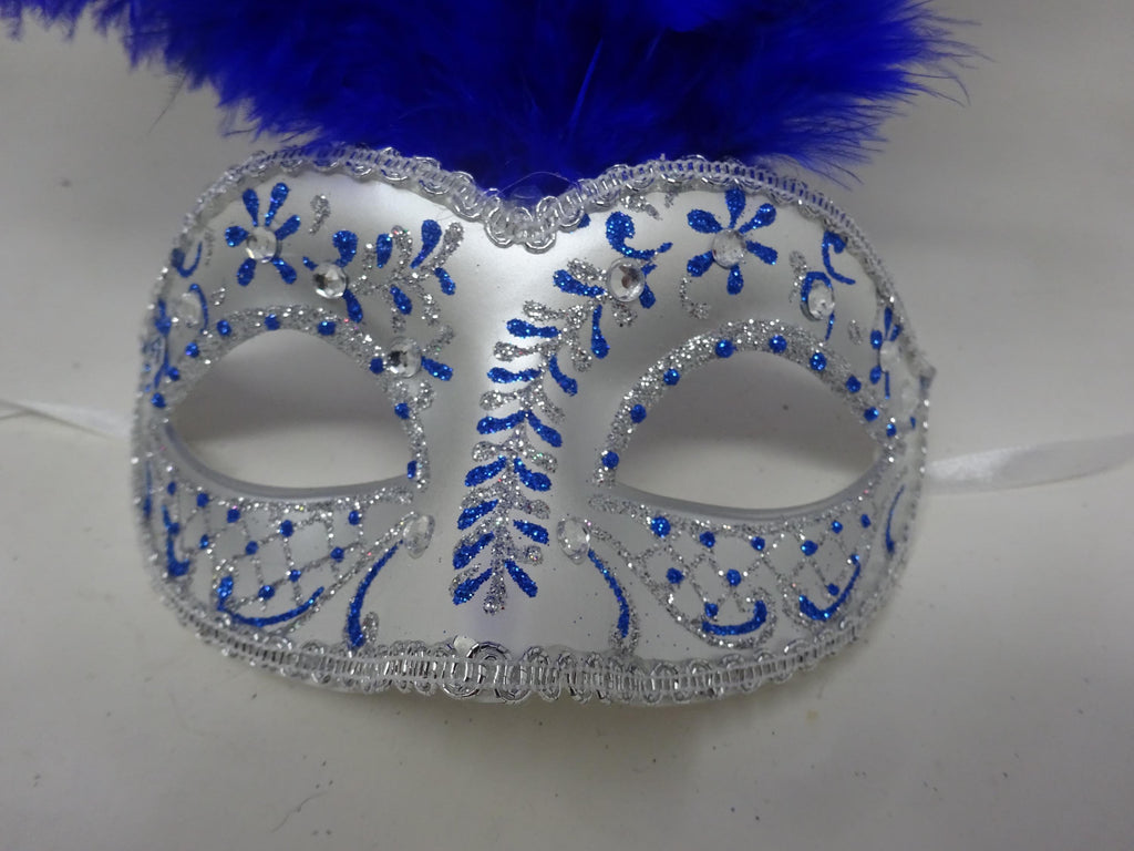 Ladies Blue and Silver Long Feather Venetian Masquerade Party Ball Prom Eye Mask