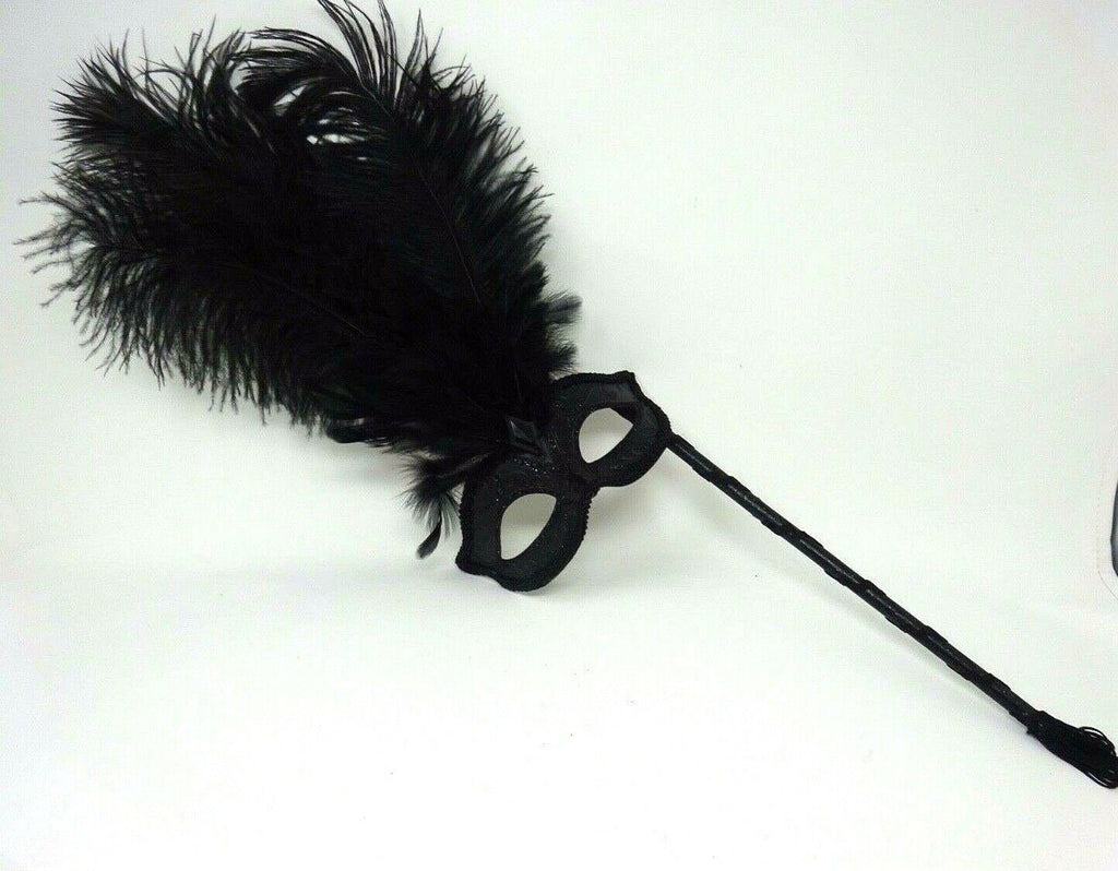 Stunning Black Masquerade Mask with Long Feathers Hand Held on a Stick