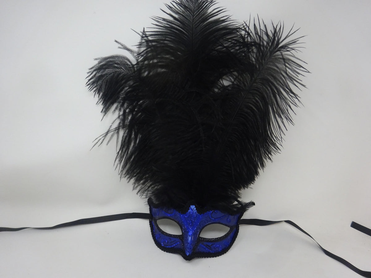 Sparkling Blue and Black Venetian Masquerade Ball Party Eye Mask with Long Black Feathers