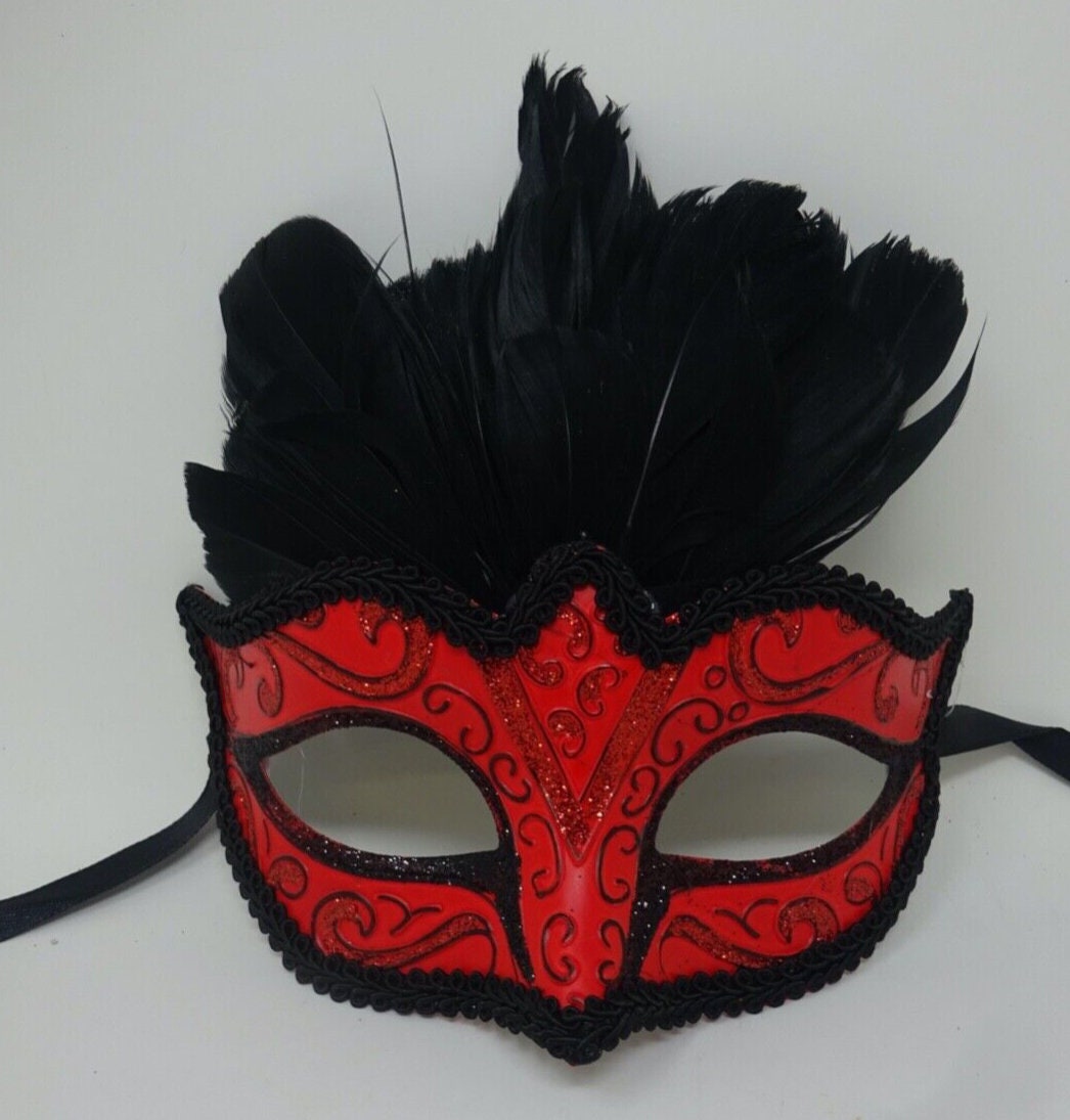 Red and Black Masquerade Eye Mask with Feathers for Party Prom Masked Ball