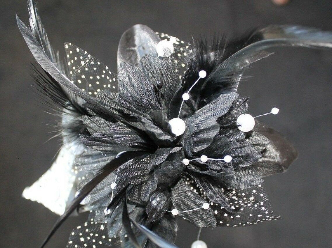 Stunning Black and Silver Venetian Masquerade Prom Ball Party Eye Mask with a Flower on a Silver Stick with Clear Jewels
