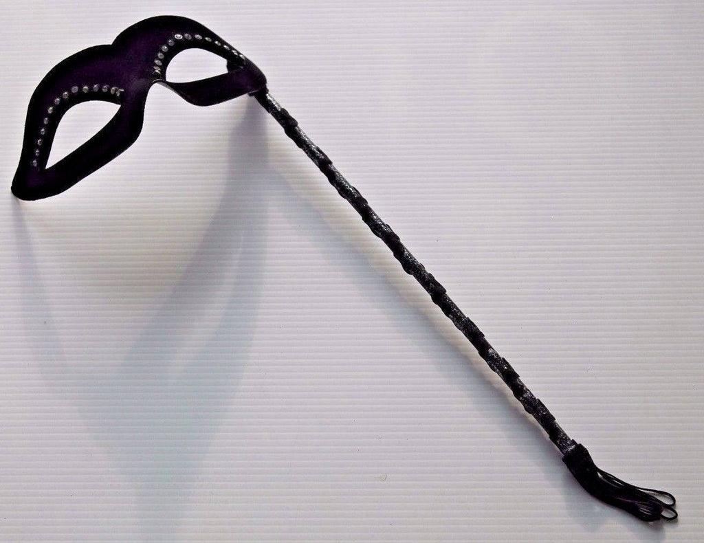 Velvet Diamonte Black Masquerade Mask on a Stick