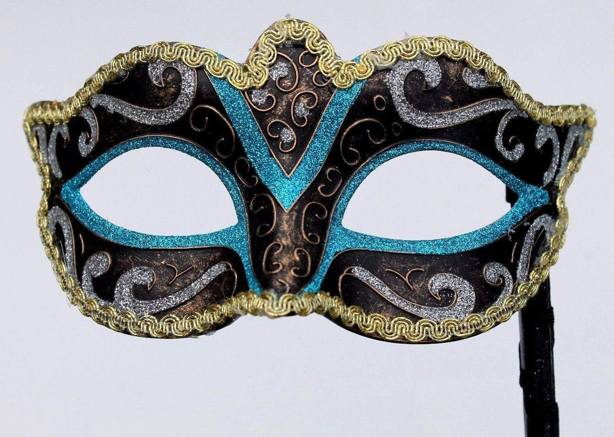 Stunning Turquoise, Black, Bronze Silver and Gold Masquerade Mask on a Black Stick