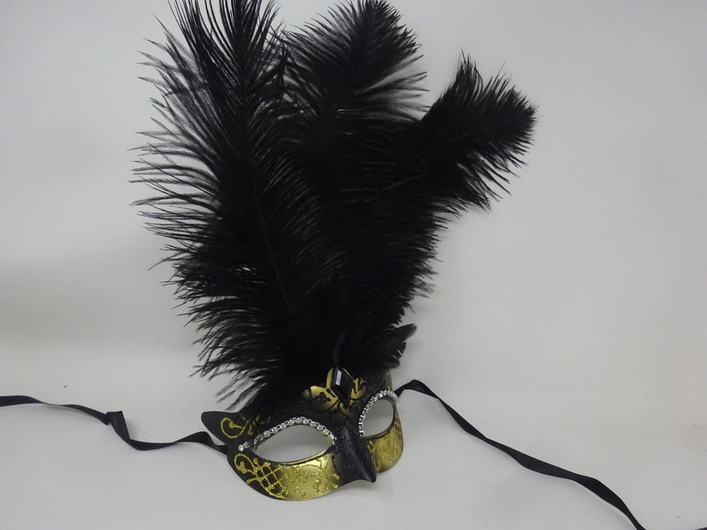 Black and Gold Venetian Masquerade Ball Carnival Party Prom Mask with Long Feathers and Diamontes