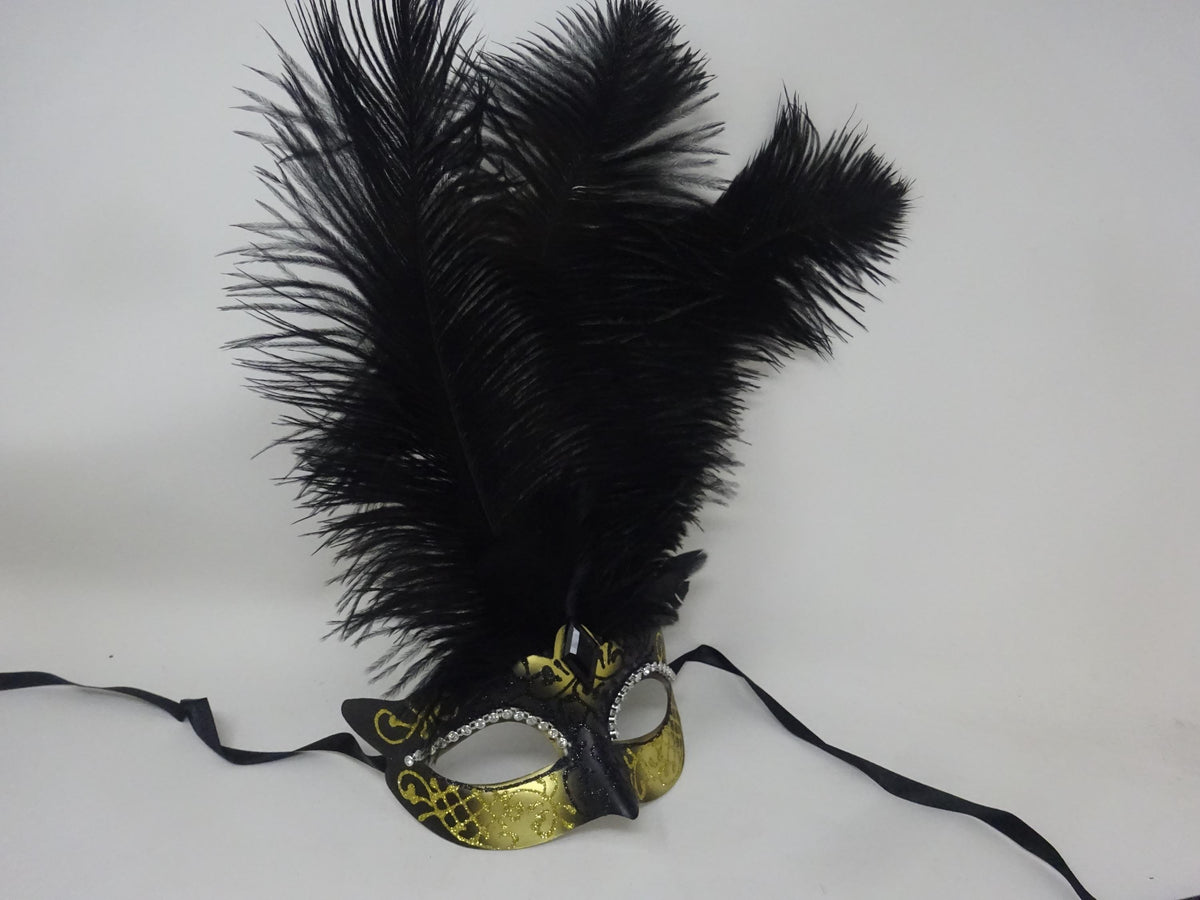 Black and Gold Venetian Masquerade Ball Carnival Party Prom Mask with Long Feathers and Diamontes