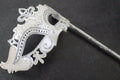 Rialto White and Silver Masquerade Party Carnival Ball Mask Hand Held on a Wooden Stick