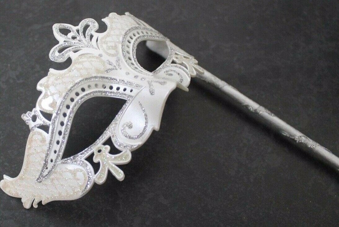 Rialto White and Silver Masquerade Party Carnival Ball Mask Hand Held on a Wooden Stick