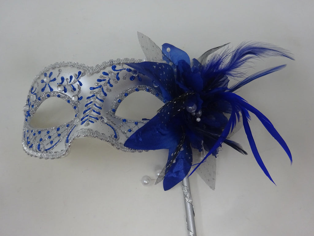 Blue and Silver Jewelled Party Masquerade Wedding Bridal ball Eye Mask on Stick with Flower and Feathers