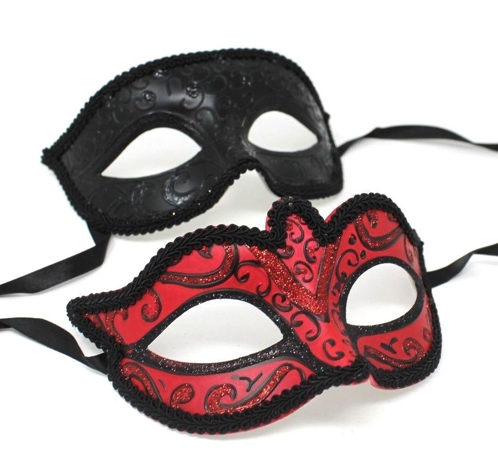 Black & Red Pair of Male and Female Couples Masquerade Masks