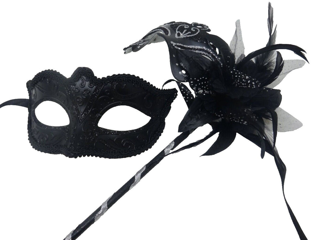 Couples Masks Black and Silver Rialto Masquerade Mask with Flower for Masked Ball Carnival Party Halloween Hand Held on a Wooden Stick