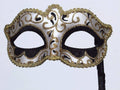 Glittering Black and Gold Masquerade Mask on a Gold Stick