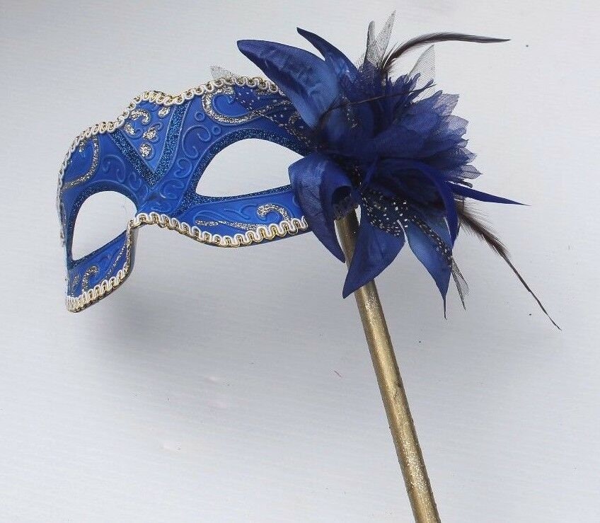 Stunning Blue and Gold with Flower Masquerade Mask on a Gold Stick with Co-ordinated Flower