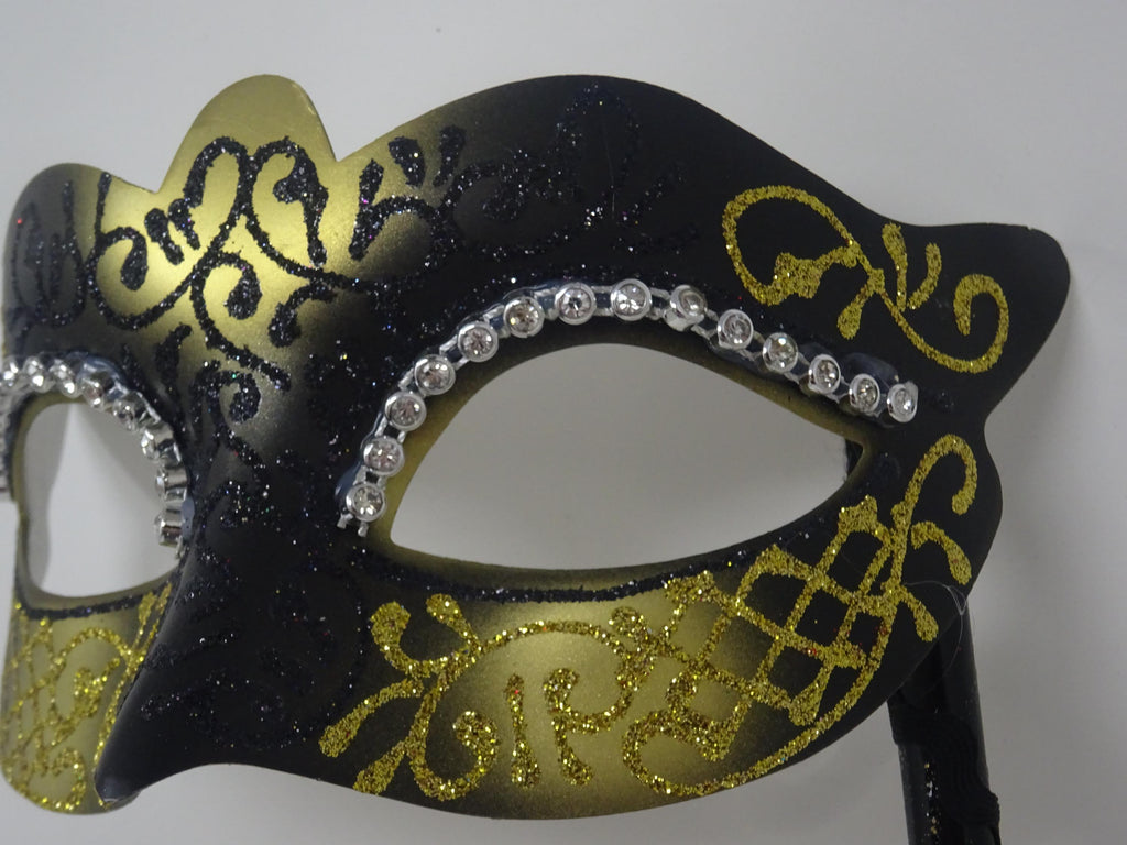 Hand Held Ladies Jewelled Glittering Black and Gold Masquerade Prom Party Ball Carnival Mask on a Stick