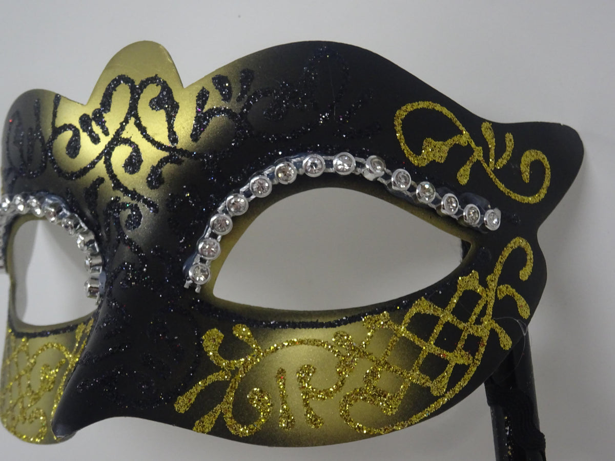Hand Held Ladies Jewelled Glittering Black and Gold Masquerade Prom Party Ball Carnival Mask on a Stick