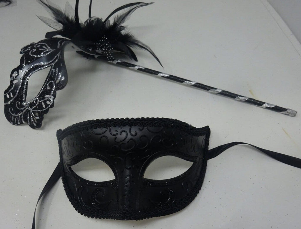 Couples Masks Black and Silver Rialto Masquerade Mask with Flower for Masked Ball Carnival Party Halloween Hand Held on a Wooden Stick