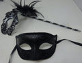 Couples Masks Black and Silver Rialto Masquerade Mask with Flower for Masked Ball Carnival Party Halloween Hand Held on a Wooden Stick