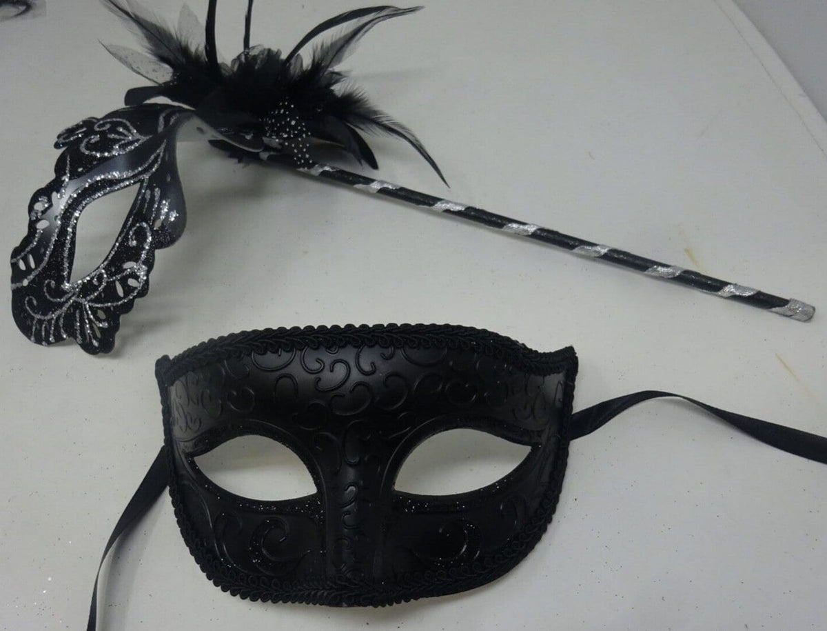 Couples Masks Black and Silver Rialto Masquerade Mask with Flower for Masked Ball Carnival Party Halloween Hand Held on a Wooden Stick