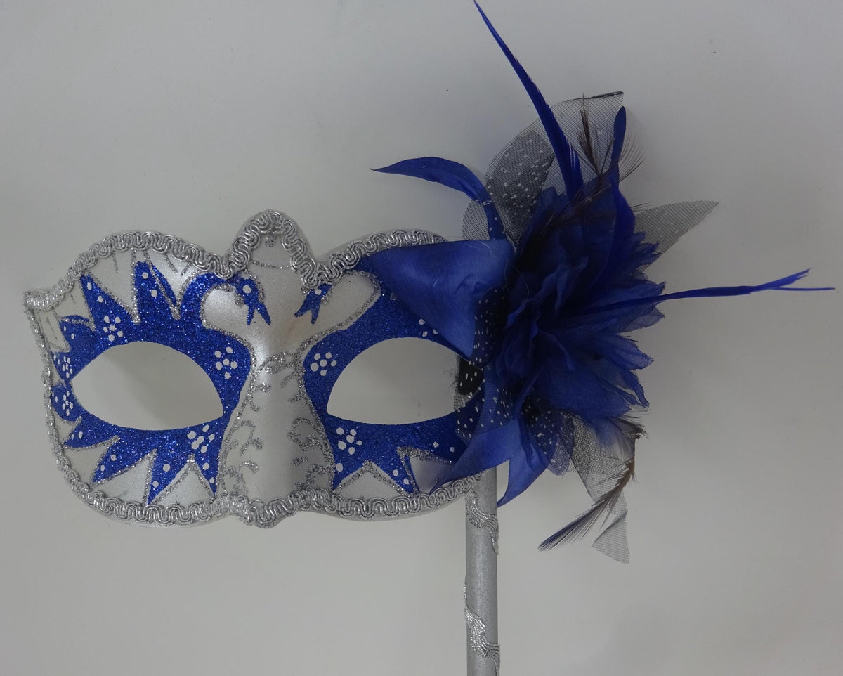 Blue and Silver Swan Lake Party Masquerade Wedding Bridal ball Eye Mask on Stick with Flower