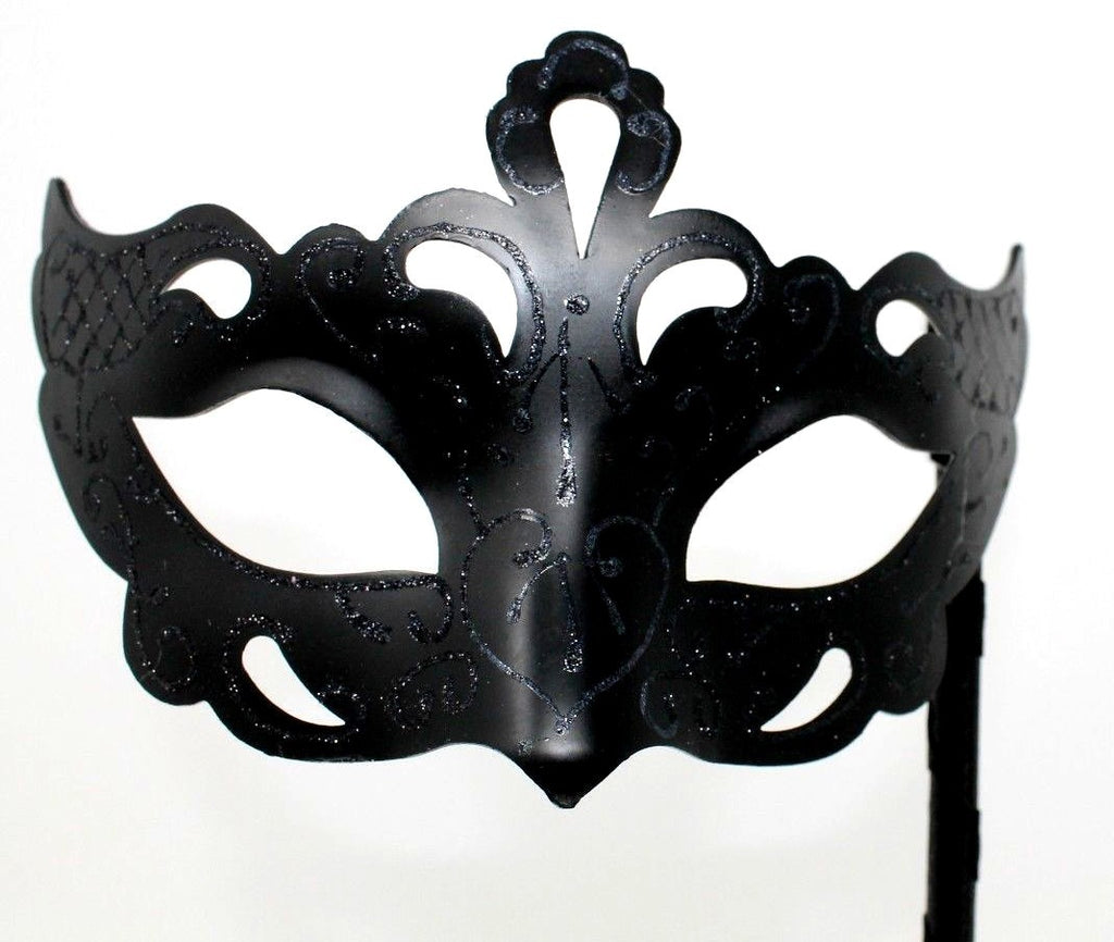 STUNNING BLACK Venetian Masquerade Ball Face Mask on A HAND HELD  STICK  MASK